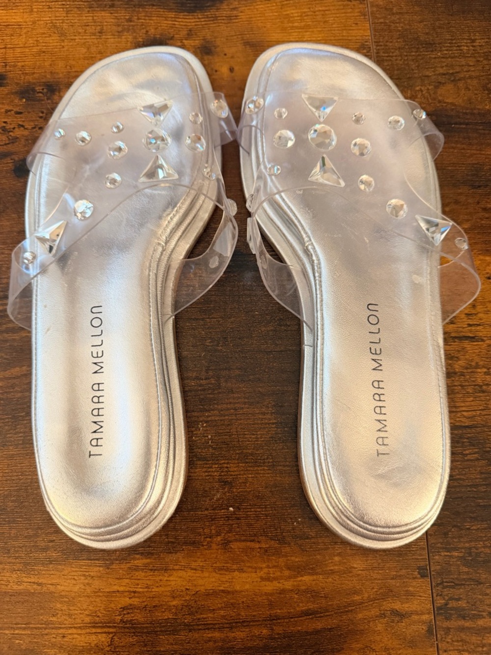Tamara Mellon Sandals Size 38 Silver Clear Strap Rhinestone Slides - Picture 2 of 3